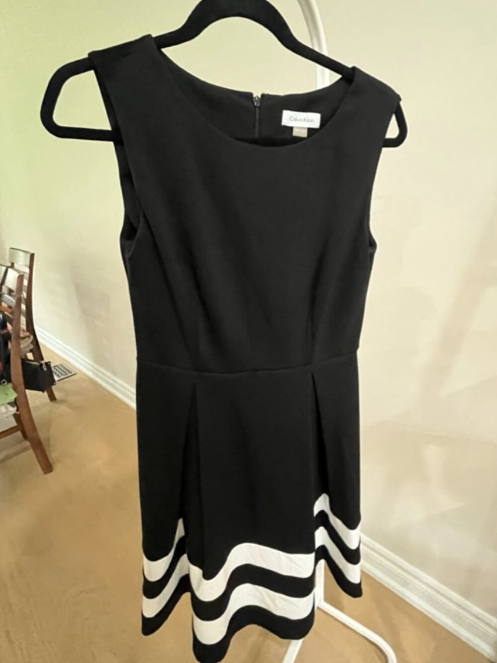 Calvin Klein Black Sleeveless Fit & Flare Dress White Striped Hem